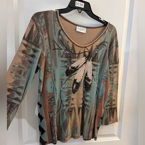 Cactus Bay Women’s Feather-Accent Long Sleeve Top in Teal & Tan Sz M